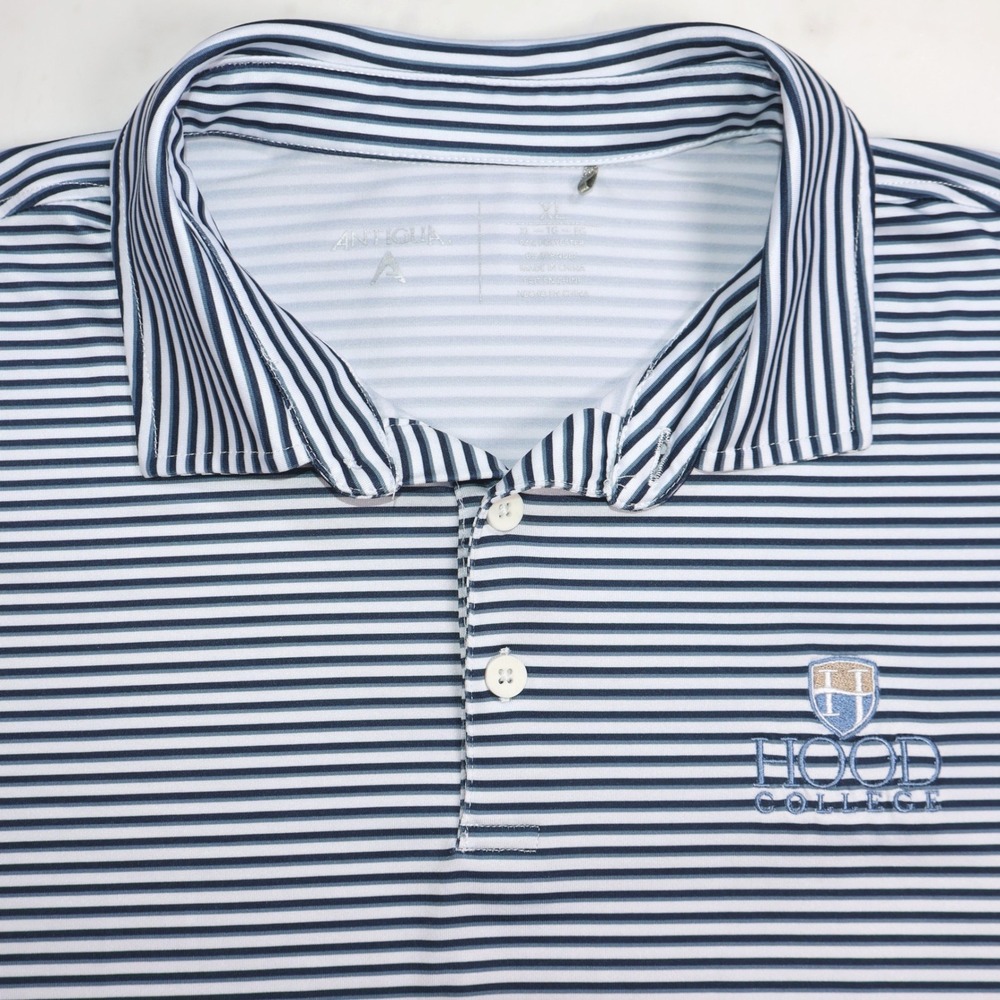 Antigua Hood College MD Mens XL Polo Shirt Navy White Striped